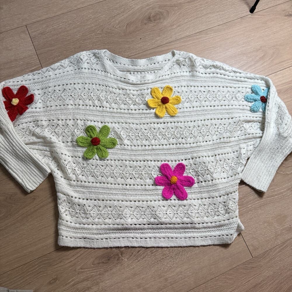 Sweater Women L White Crochet Floral Sleeve Boho Open Knit Oversized Top Casual